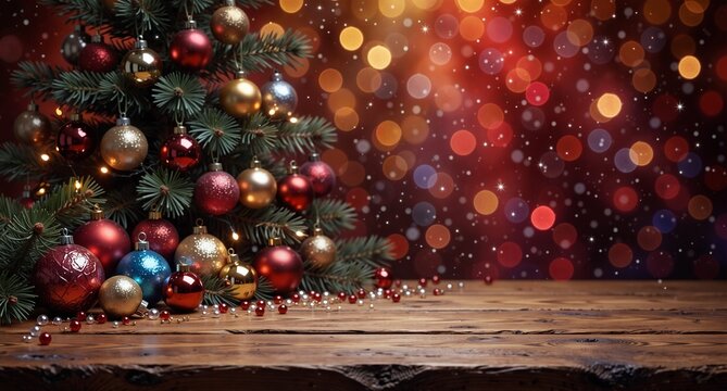 festive christmas background with decorated tree and glowing bokeh lights on rustic wood table, perfect for holiday greetings and seasonal promotions.
