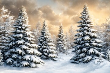 Snowy forest with pine trees at winter sunset and falling snow