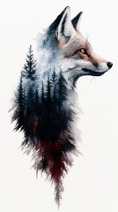 Obraz premium A watercolor painting depicts a fox's profile with a forest scene blended into its form, creating a surreal natural image.