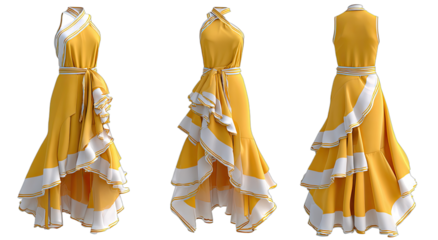Vibrant yellow halter dress with layered ruffles and white trim