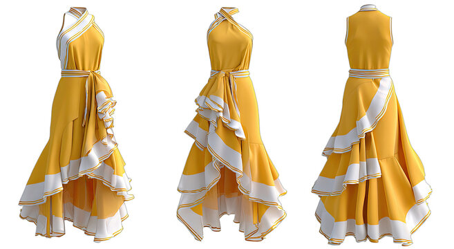 Vibrant yellow halter dress with layered ruffles and white trim