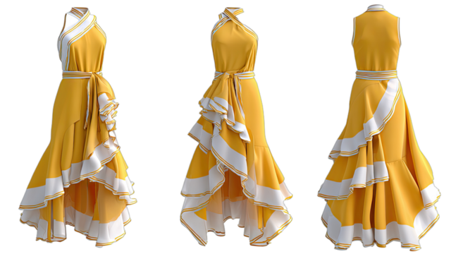 Vibrant yellow halter dress with layered ruffles and white trim