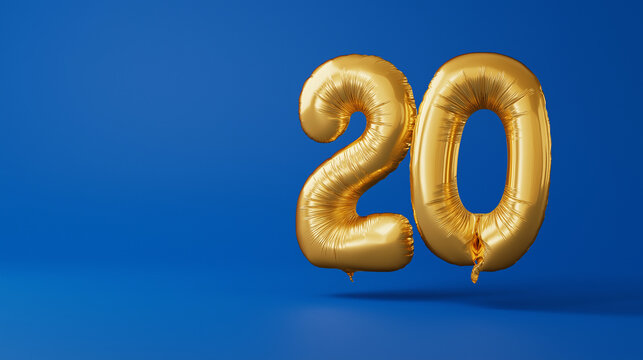 Golden number twenty balloons on a bright blue background. Suitable for birthday celebrations, anniversary parties, and milestone events decorations and invitations.