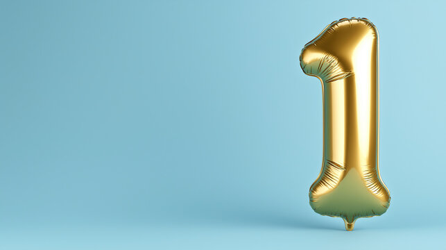 Golden number one balloon perfect for birthday celebrations, anniversary parties, or milestone events on a light blue background. Festive and elegant.
