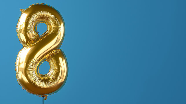 Shimmering gold number eight balloon on blue background suitable for birthday celebrations, anniversary decorations, festive events, party invitations, milestone occasions.