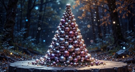 a whimsical christmas tree made of ornaments sits on a tree stump in a magical winter forest with bokeh lights.