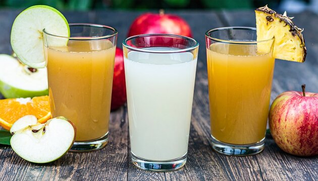 Three glasses of fruit juice with apple and pineapple slices, surrounded by fresh fruits on a wooden surface.