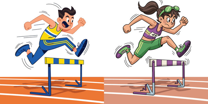 Cartoon athletes jumping hurdles on running track, energetic boy and girl racing, dynamic sports illustration showcasing speed, competition, fitness, and athletic training