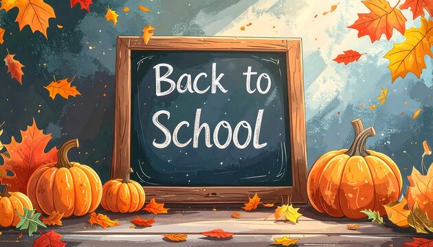 Back to School" written on blackboard with pumpkins and fall leaves in painterly style against blue-gray background
