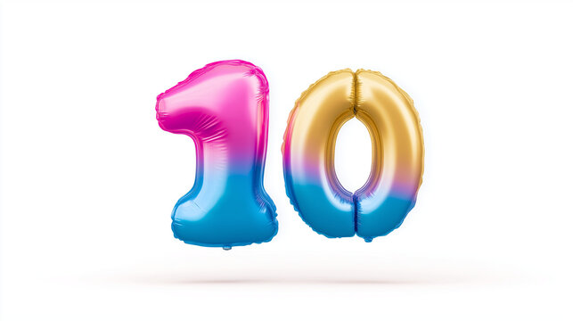 Number 10 foil balloons floating in the air, perfect for birthday, anniversary, celebration, party decoration, or milestone event concepts.