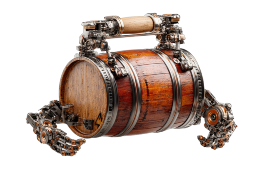Wooden barrel with intricate mechanical arms and a wooden handle
