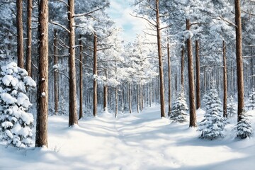 Winter pine forest with snowy trees and narrow path through woods