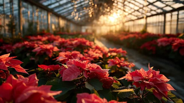 Rows of Vibrant Red Poinsettias Growing in a Greenhouse Bathed in Golden Sunlight During the Holiday Season