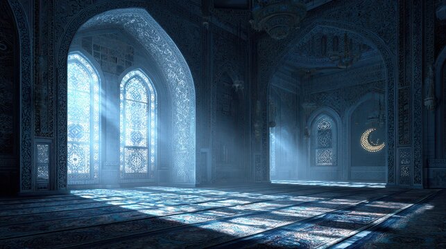 Tranquil mosque interior at night highlighting ornate tilework and prayer carpet under blue glow