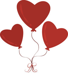 Festive, flat vector illustration of a cluster of three classic dark red, heart-shaped balloons tied together with a decorative ribbon bow, perfect for romantic invitations or celebration graphics.