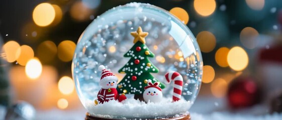 Festive Holiday Scene, Snowmen Family with Mini Christmas Tree and Candy Cane, Snow Globe, Warm Bokeh Background, Close-up Viewpoint, Magical Winter Wonderland Concept - Powered by Adobe