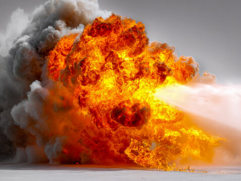 An intense explosion with a fiery blast and billowing smoke, capturing the destructive power and chaotic energy of a powerful combustive event