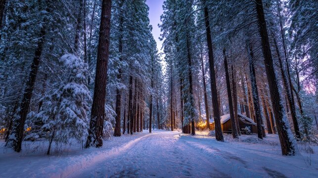 Tranquil winter evening in a snow-covered woodland with soft twilight - Powered by Adobe