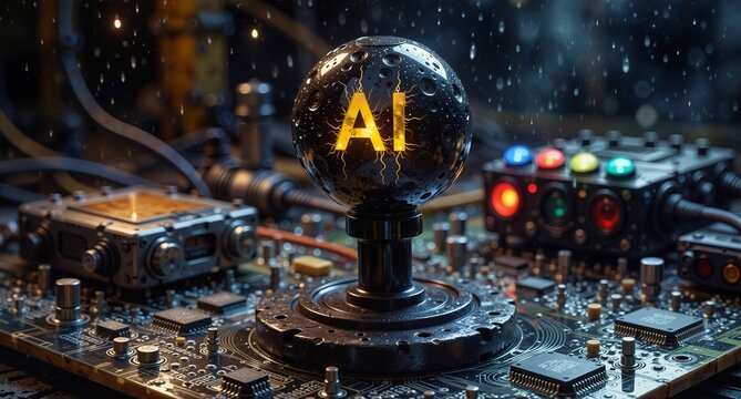 artificial intelligence core glowing within a complex cybernetic machine network.