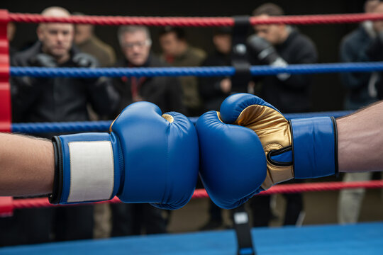 Blue boxer’s gloved hands touching fists before a spar