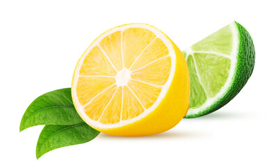 Fresh lime slice, lemon cut in half, with leaf