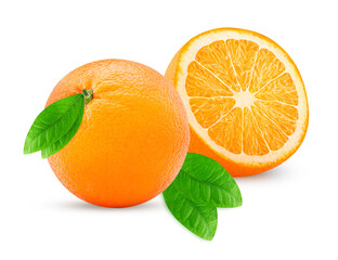 Orange fruit and one cut in half, with leaf