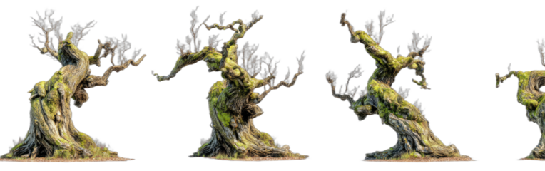 Four gnarled, mossy trees with twisted branches stand on a dirt base against a dark background