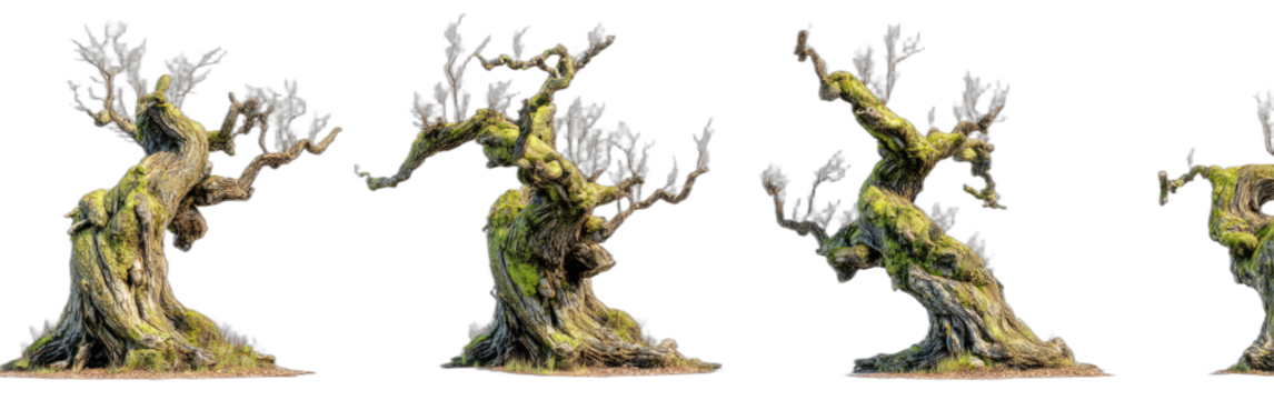 Four gnarled, mossy trees with twisted branches stand on a dirt base against a dark background