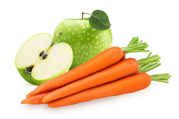 Green apple one cut in half with leaf and carrots