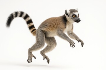Naklejka premium Lemur captured mid leap on white background forelimbs reaching forward and hind legs extended with tail forming gentle curve for motion and wildlife themes