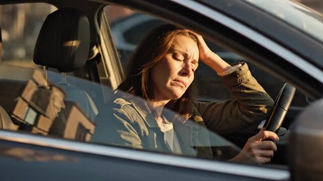 Stressed driver sitting inside car feeling overwhelmed and emotionally drained during a difficult moment on the road  
