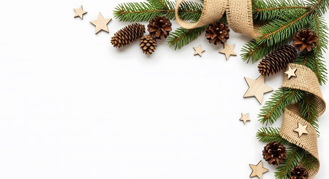 Festive Christmas corner arrangement featuring pine branches, pine cones, burlap ribbon, and wooden stars on a white background.