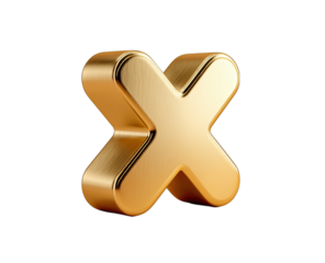 Three-dimensional golden-hued, metallic "X" symbol with a brushed texture on a black background