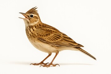Naklejka premium Japanese skylark full body side profile on white background crest raised and beak open as if singing for bird song and meadow themes