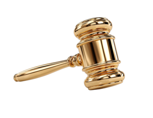 A shiny golden gavel with a black background