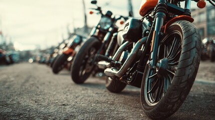 Urban bike row on asphalt, symmetrical composition and creamy bokeh in foreground and background
