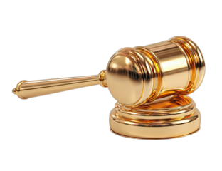 A polished golden gavel rests on its base against a black background