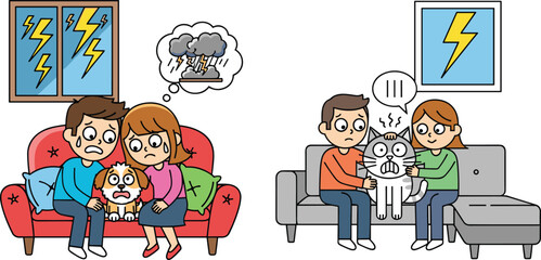 Cartoon people comforting pets during storm, thunder anxiety illustration, emotional support concept, pet fear reaction, weather safety awareness art