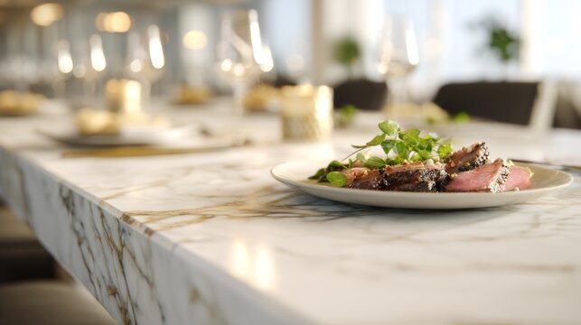 Seared meat slices with fresh greens served on an elegant marble tabletop in a fine dining setting - Powered by Adobe