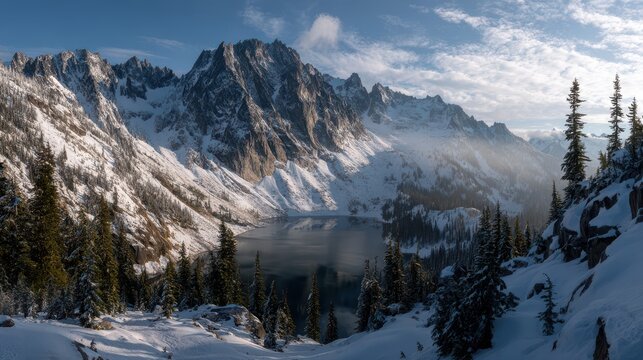 Vast winter mountain scenery with blue skies, misty valleys, and glistening snow - Powered by Adobe