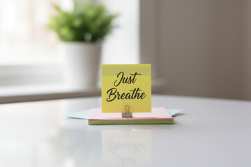 Note reading just breathe with indoor plant perfect for wellness blogs, mental health articles, relaxation graphics, and stress relief designs.