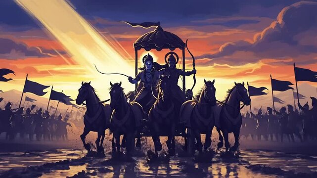 Lord Krishna as Charioteer Guiding Arjuna in Kurukshetra War, A Spiritual Depiction of Guidance and Duty