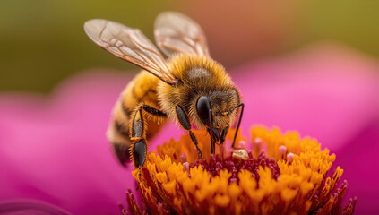 Close-up macro photography of a bee collecting nectar on a pink flower. Shallow depth of field