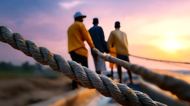 Faceless fishermen leaning together to pull heavy ropes, foreground intentionally defocused for dreamy dawn mood, with copy space