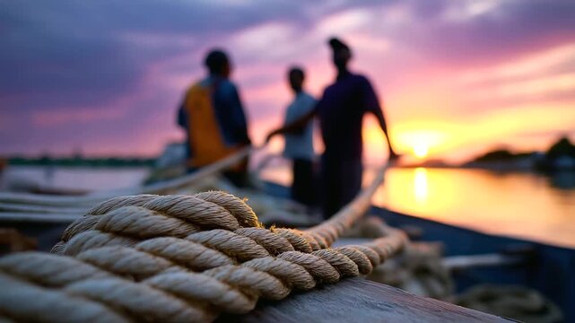 Faceless fishermen leaning together to pull heavy ropes, foreground intentionally defocused for dreamy dawn mood, with copy space