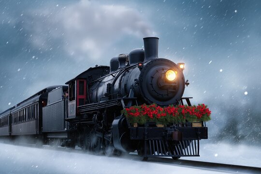 a christmas train with decorations and lights rides through a winter landscape. a beautiful, vintage steam locomotive with lighted windows and a red flower garland on the front runs at full speed.