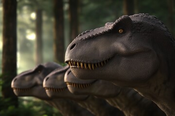 a group of tyrannosaurus rex running through the forest, their sharp teeth and powerful bodies shining in the sunlight. high-resolution, realistic photography with cinematic lighting. 