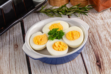 Boiled chicken eggs with bright yolk