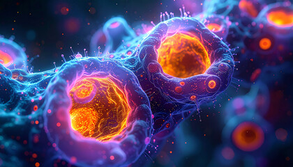 Microscopic Wonders: A captivating, up-close view reveals the intricate beauty of cells, showcasing their internal structures with vivid detail and radiant colors.