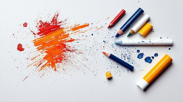 A vibrant splash of red and orange paint is depicted alongside various colored pencils and crayons, suggesting a creative art project.